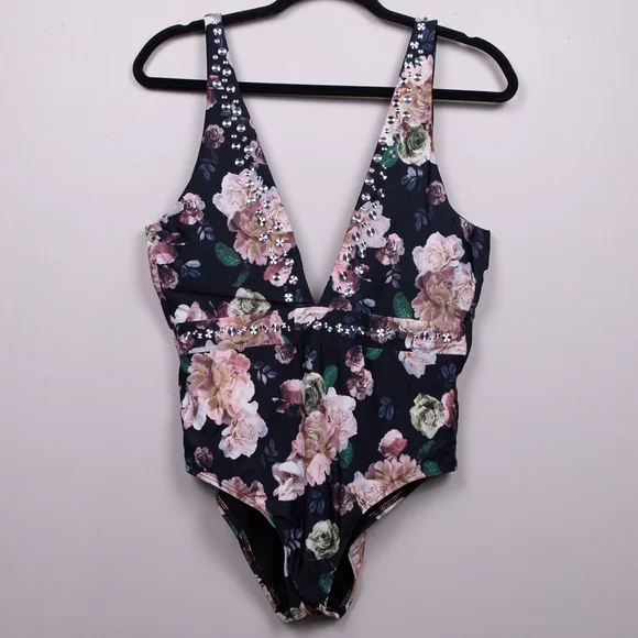 Gianni Bini black floral plunging neckline one piece bathing suit-L - Picture 1 of 6